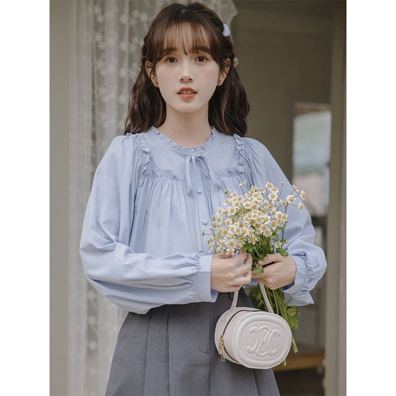 봄 가을 프랑스식 긴팔 화이트 여성 셔츠 2026 새로운 달콤함 프릴 칼라 맨위 학생 디자인 센스 셔츠 상세 이미지 11