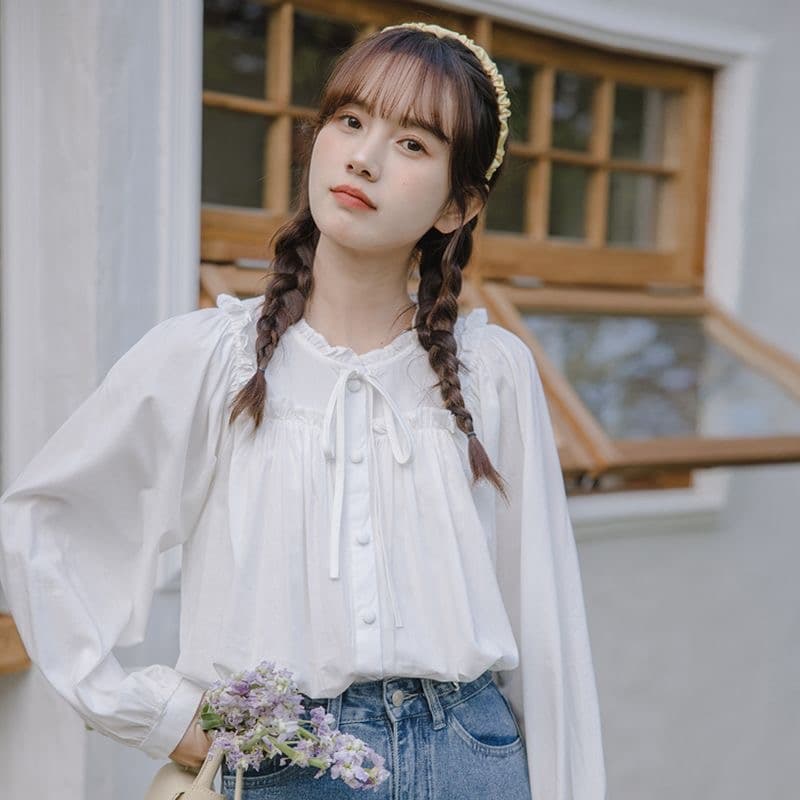 봄 가을 프랑스식 긴팔 화이트 여성 셔츠 2026 새로운 달콤함 프릴 칼라 맨위 학생 디자인 센스 셔츠 상세 이미지 13