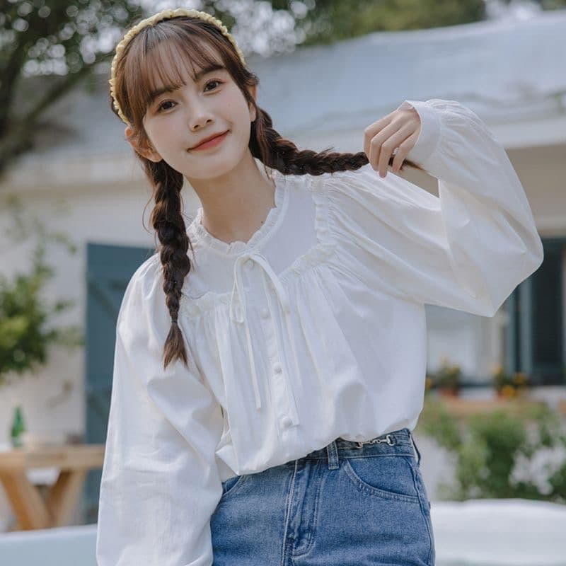 봄 가을 프랑스식 긴팔 화이트 여성 셔츠 2026 새로운 달콤함 프릴 칼라 맨위 학생 디자인 센스 셔츠 상세 이미지 15