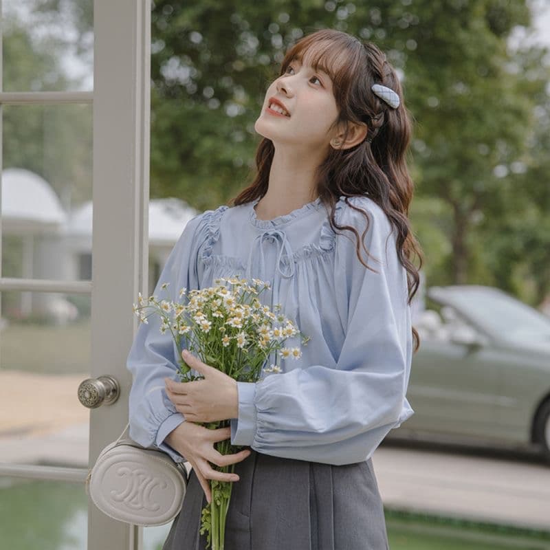 봄 가을 프랑스식 긴팔 화이트 여성 셔츠 2026 새로운 달콤함 프릴 칼라 맨위 학생 디자인 센스 셔츠 상세 이미지 16