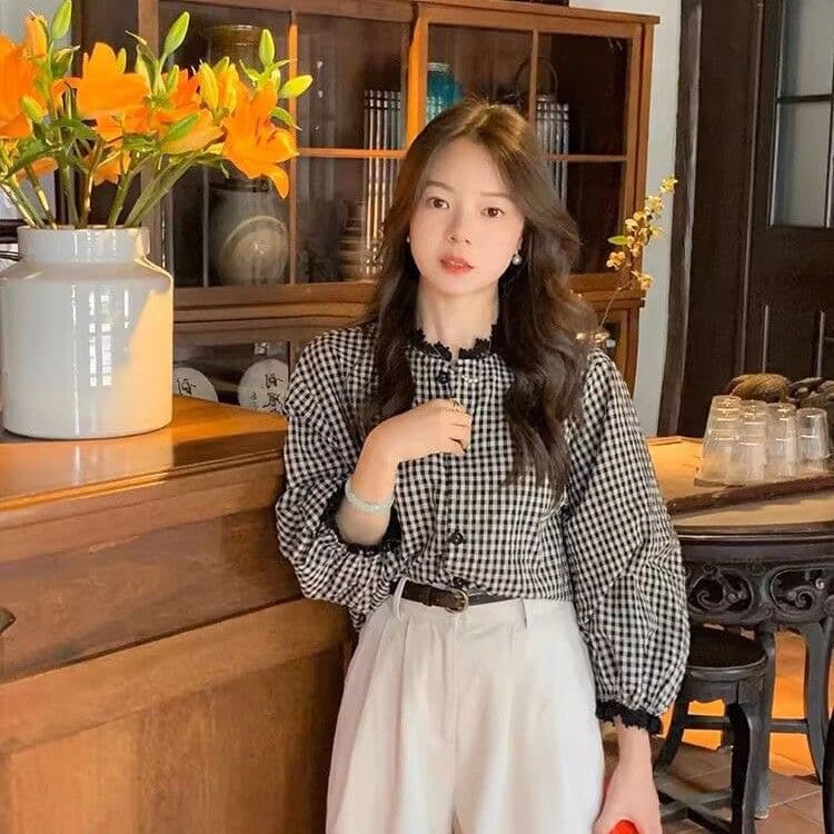 프랑스식 레트로 격자 무늬 셔츠 디자인 레이스 조각 2026 연령 감소 새로운 긴팔 다용도 루즈핏 맨위 이미지 3