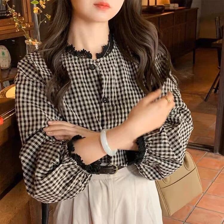 프랑스식 레트로 격자 무늬 셔츠 디자인 레이스 조각 2026 연령 감소 새로운 긴팔 다용도 루즈핏 맨위 상세 이미지 6