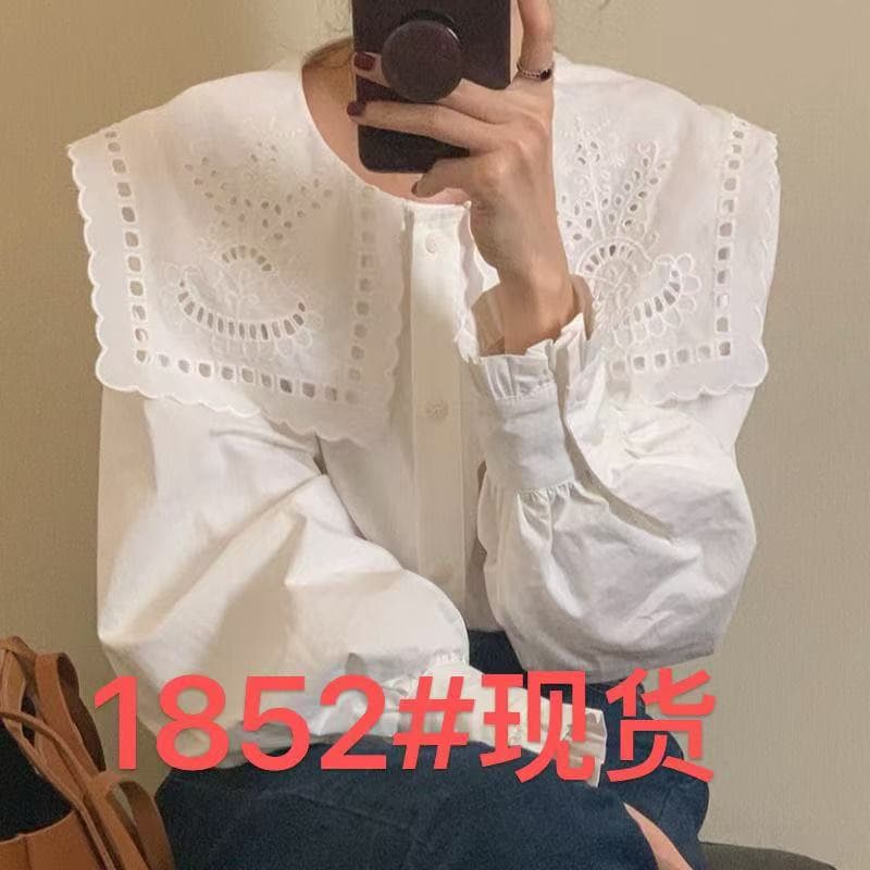 한국 chic 프랑스식 홀로우 아웃 자수 셔츠 폴로 칼라 단일 행 패션 연령 감소 흰 셔츠 여성 셔츠 한 부서 작은 셔츠