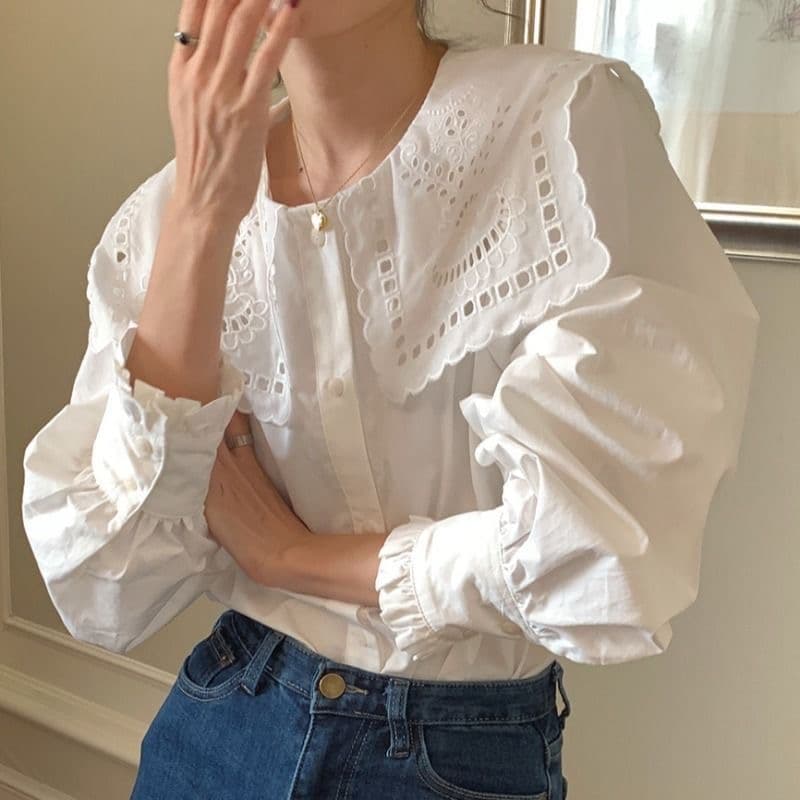 한국 chic 프랑스식 홀로우 아웃 자수 셔츠 폴로 칼라 단일 행 패션 연령 감소 흰 셔츠 여성 셔츠 한 부서 작은 셔츠 상세 이미지 1