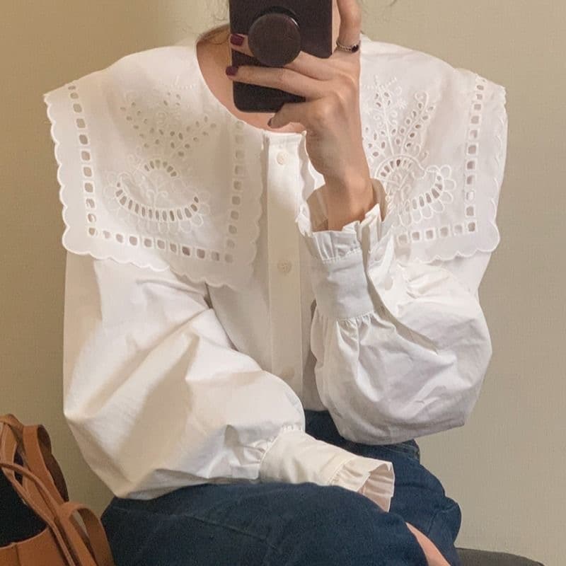 한국 chic 프랑스식 홀로우 아웃 자수 셔츠 폴로 칼라 단일 행 패션 연령 감소 흰 셔츠 여성 셔츠 한 부서 작은 셔츠 상세 이미지 9