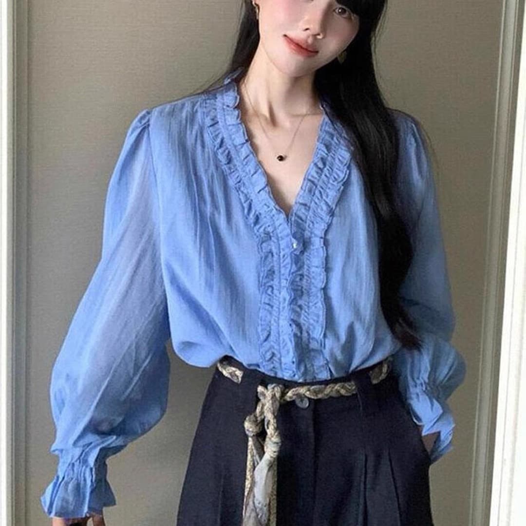 가을 의상 새로운 프랑스식 사소한 파란색 프릴 긴팔 셔츠 고급 센스 루즈핏 슬림해 보이는 나팔 소매 맨위 이미지 5