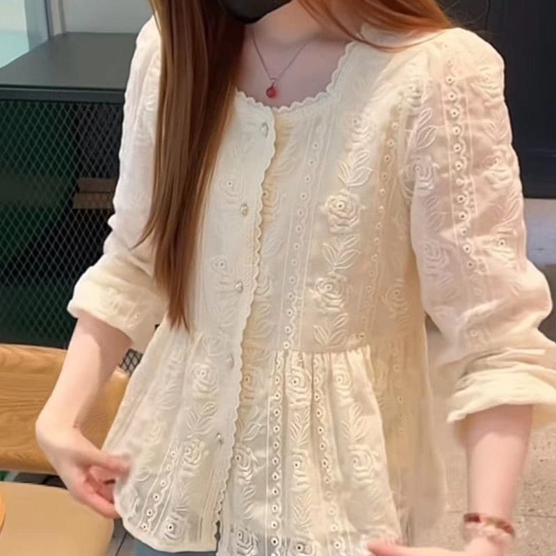 다용도 광장 칼라 레이스 자수 셔츠 2026 가을 새로운 한국 스타일 품격 루즈핏 슬림해 보이는 긴팔 맨위 이미지 2