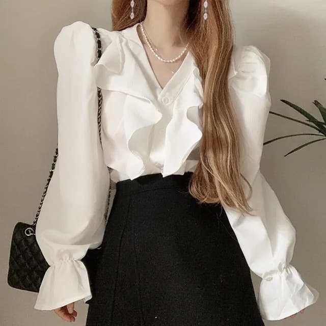 한국 chic 가을 섹션 프랑스식 품격 V넥 프릴 나팔 소매 디자인 센스 다용도 셔츠 맨위