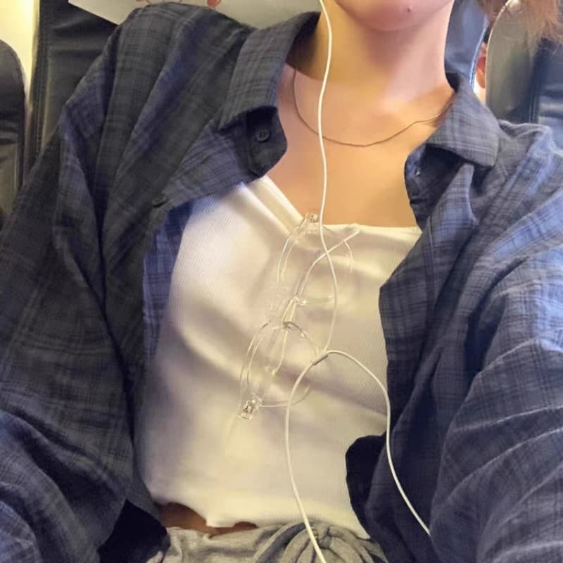 사계절 섹션 프랑스식 레트로 블루 색상 체크무늬 여성 셔츠 루즈핏 느긋한 바람 슈퍼 잘 생긴 긴팔 셔츠 맨위 이미지 5