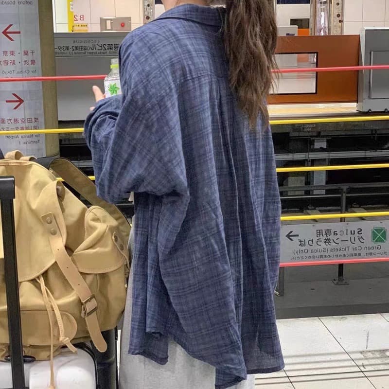 사계절 섹션 프랑스식 레트로 블루 색상 체크무늬 여성 셔츠 루즈핏 느긋한 바람 슈퍼 잘 생긴 긴팔 셔츠 맨위 상세 이미지 1