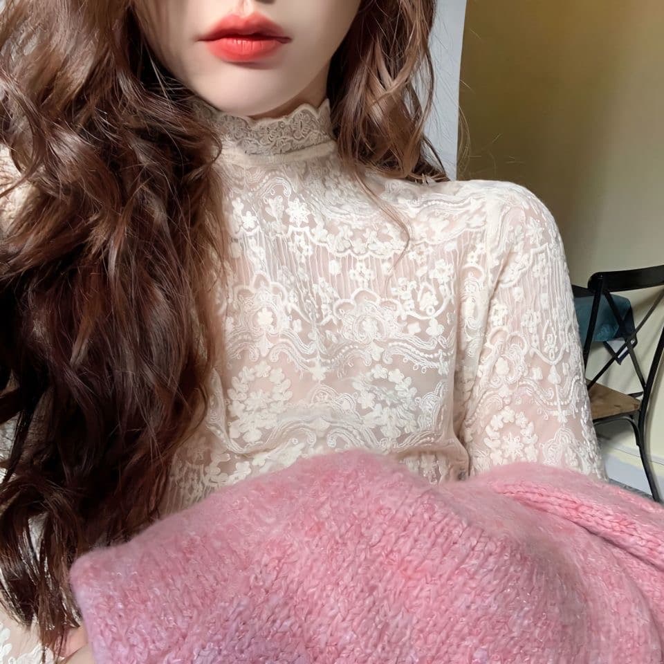 가을 겨울 폭발 2026 슈퍼 요정 새로운 외국 가스 터틀넥 품격 우아함 만나는 다용도 레이스 망사 긴팔 맨위 상세 이미지 3