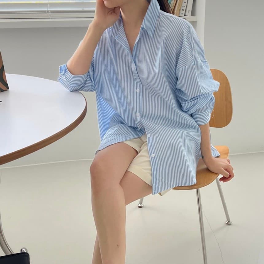 크기 있음 업데이트 한국 chic 클래식 다용도 스트라이프 셔츠 이미지 5