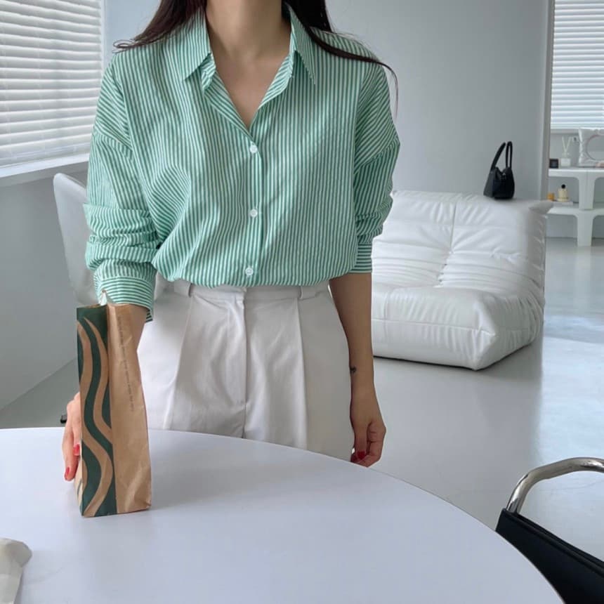 크기 있음 업데이트 한국 chic 클래식 다용도 스트라이프 셔츠 상세 이미지 6