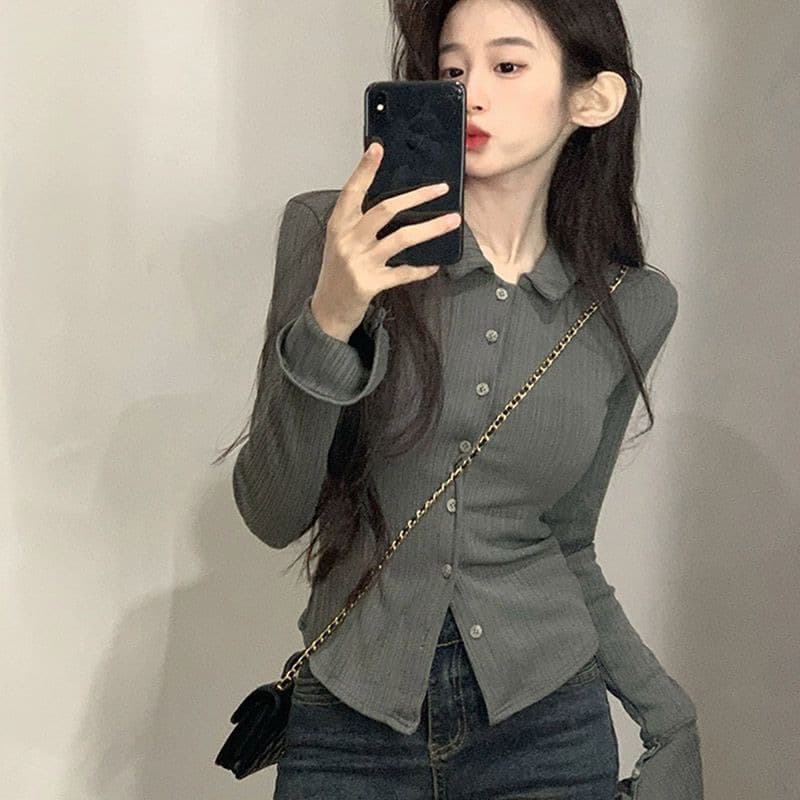 경관 그림 정가 핫걸 긍정적 인 어깨 긴팔 티셔츠 여성 봄 가을 디자인 센스 몸매 가꾸기 인사이드 가져 가라. 기본 셔츠 나팔 소매 맨위 상세 이미지 3