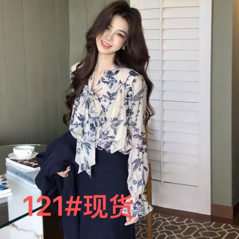 프랑스식 V넥 수묵화 프린트 리본 긴팔 여성 셔츠 여름 부드러운 바람 루즈핏 슬림해 보이는 아름다운 품격 맨위