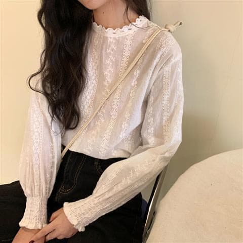 한국 chic 벌룬 소매 자수 홀로우 아웃 레이스 셔츠 맨위 여성 봄 가을 새로운 외국 가스 다용도 화이트 셔츠 트렌디 이미지 3