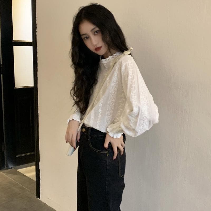 한국 chic 벌룬 소매 자수 홀로우 아웃 레이스 셔츠 맨위 여성 봄 가을 새로운 외국 가스 다용도 화이트 셔츠 트렌디 상세 이미지 1