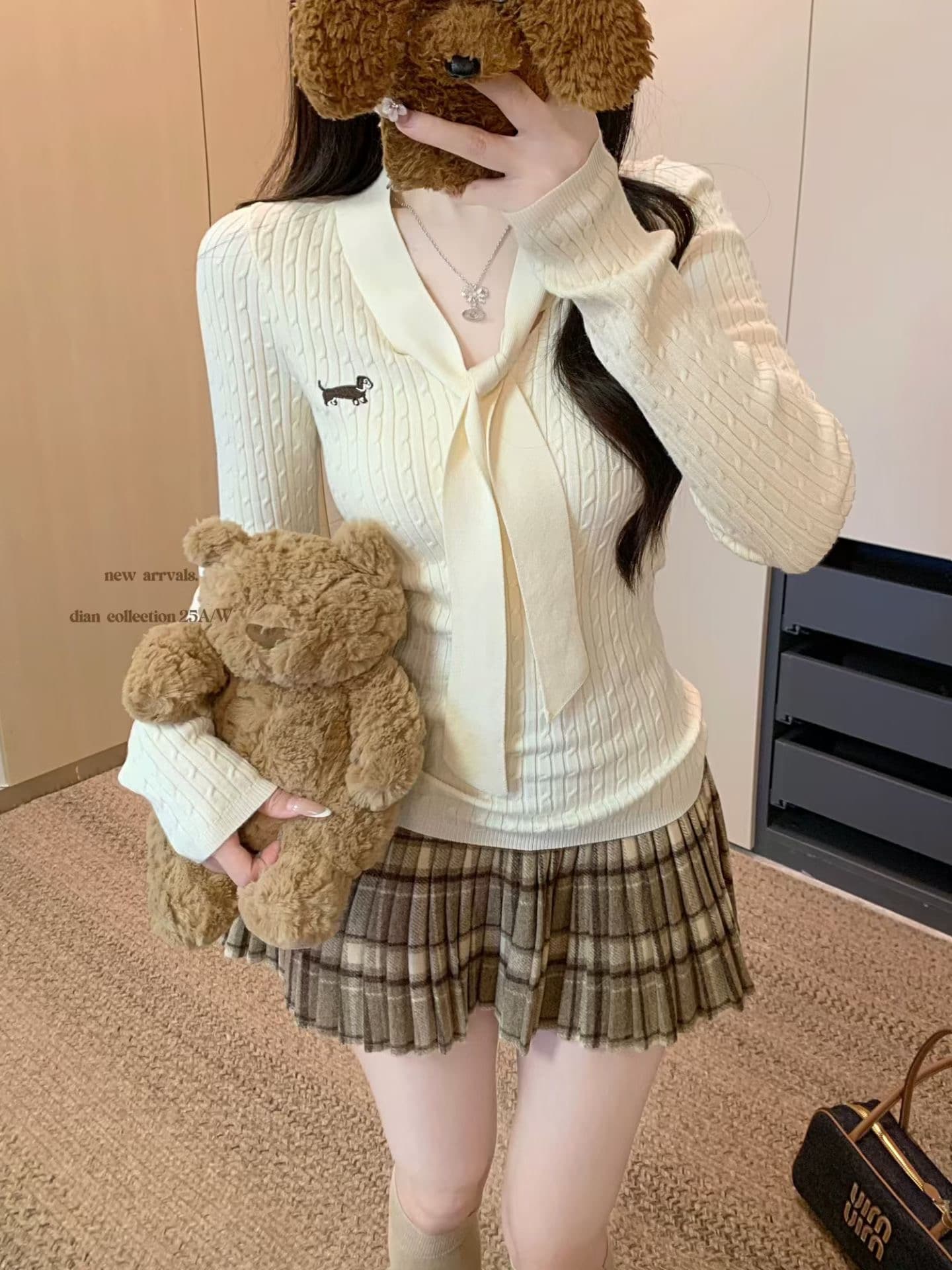 가을 겨울 한국 스타일 품격 몸매 가꾸기 V넥 레이스업 꽈배기 닥스 훈트 앤디 플러시 니트 스웨터 스웨터 체크무늬 반신 스커트 이미지 3