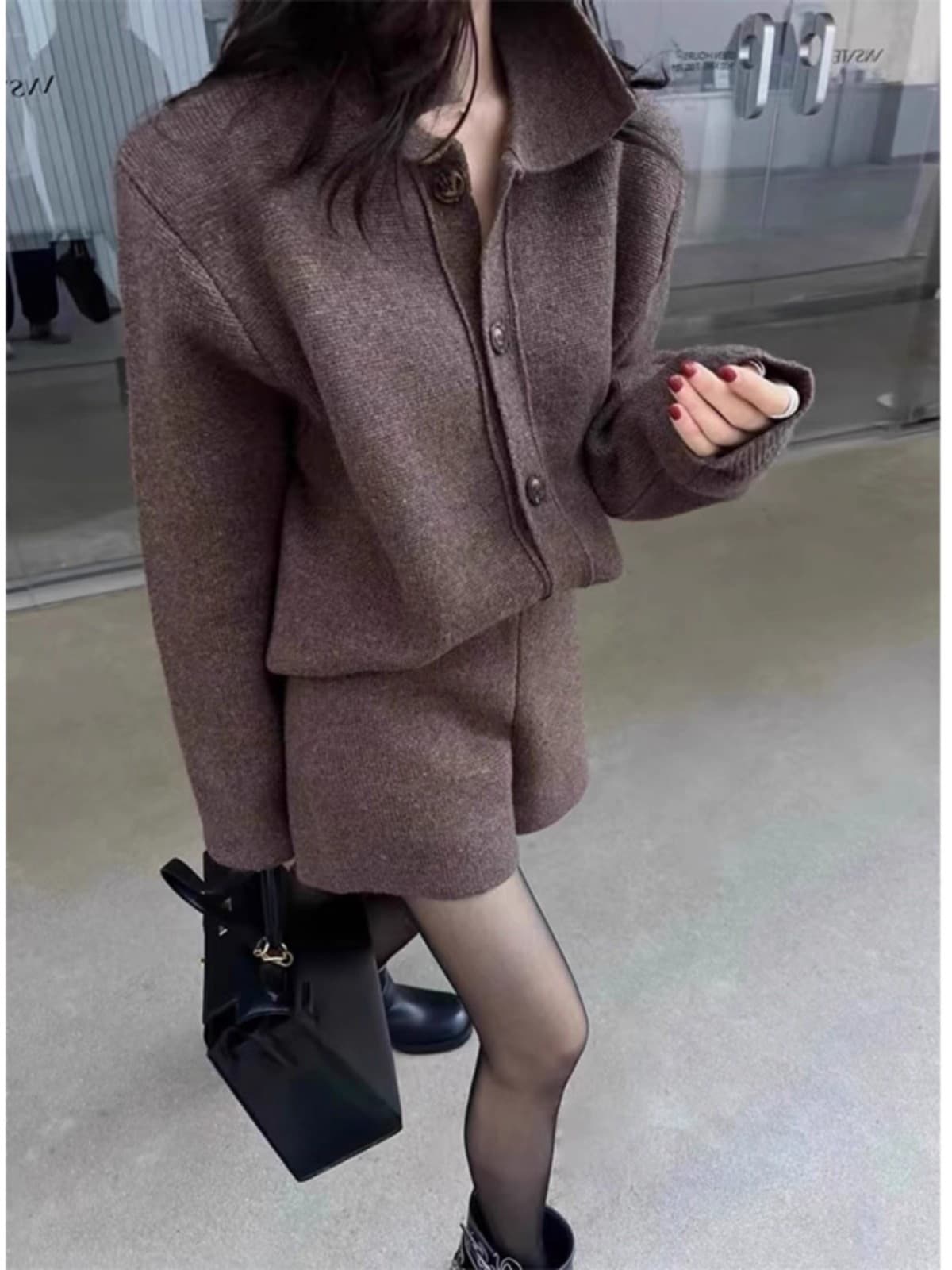 늦가을 코디 초 겨울 착용 가져 가라. 전체 집합 POLO 칼라 스웨터 오픈 가디건 짧은 바지 투피스 슈트 가을 겨울철 여성 의류 상세 이미지 5