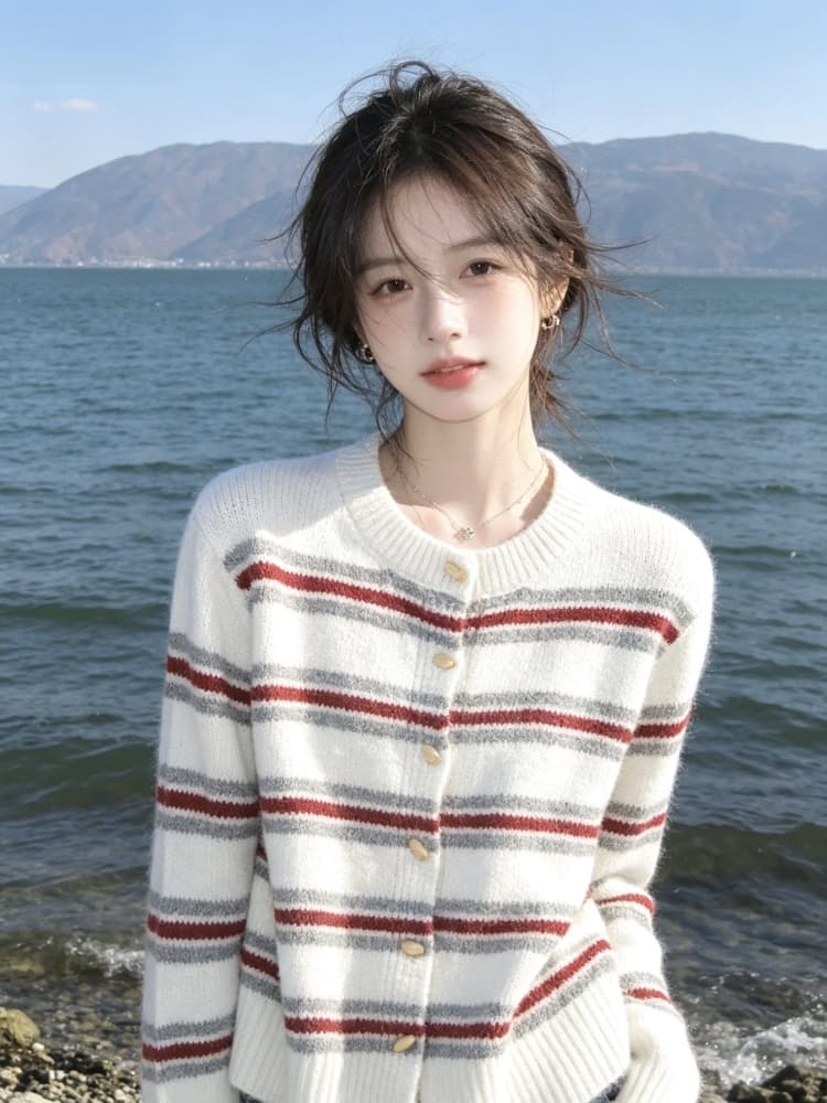 분위기 센스 스트라이프 스웨터 여자 2026 가을 겨울 새로운 느긋한 바람 배색 니트 오픈 가디건 부드러운 찹쌀 맨위 재킷 트렌디 상세 이미지 1