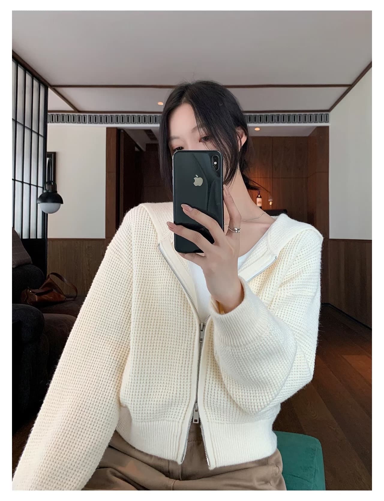 ojo vele 저녁 바람 프롤로그 후아 남편 그리드 후드 니트 오픈 가디건 여성 가을 오래된 돈 바람 스웨터 코트 상세 이미지 5