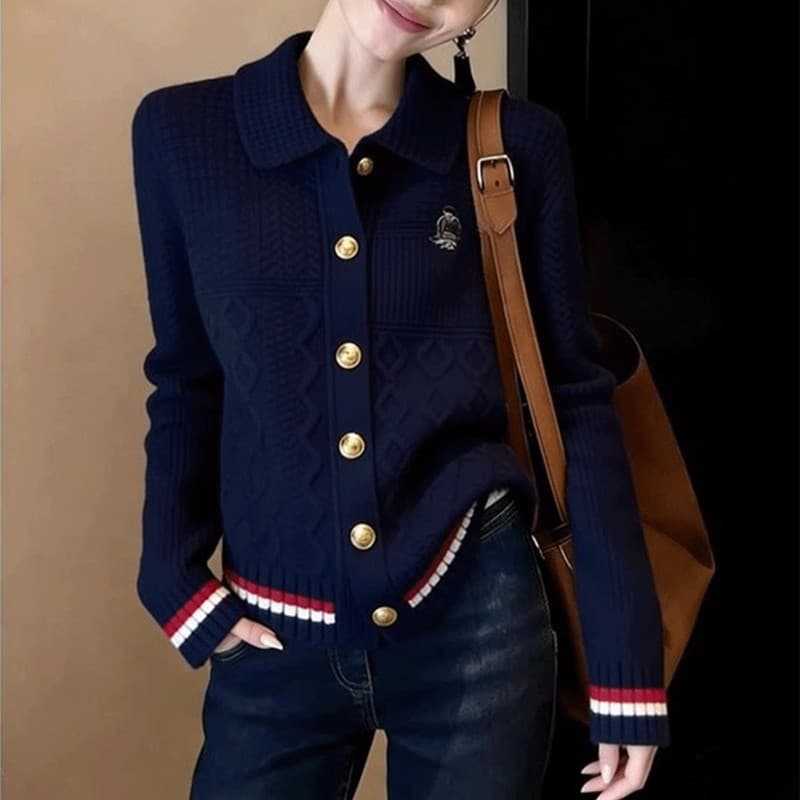 부드러운 바람 POLO 칼라 니트 오픈 가디건 여성 2026 가을 겨울 새로운 품격 스웨터 고급 재킷 고유 한 맨위 이미지 2