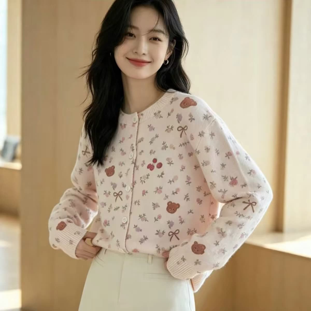 가을 한 부서 달콤함 작은 곰 자수 니트 오픈 가디건 여성 부드러운 느긋한 바람 단추 스웨터 코트 상세 이미지 14