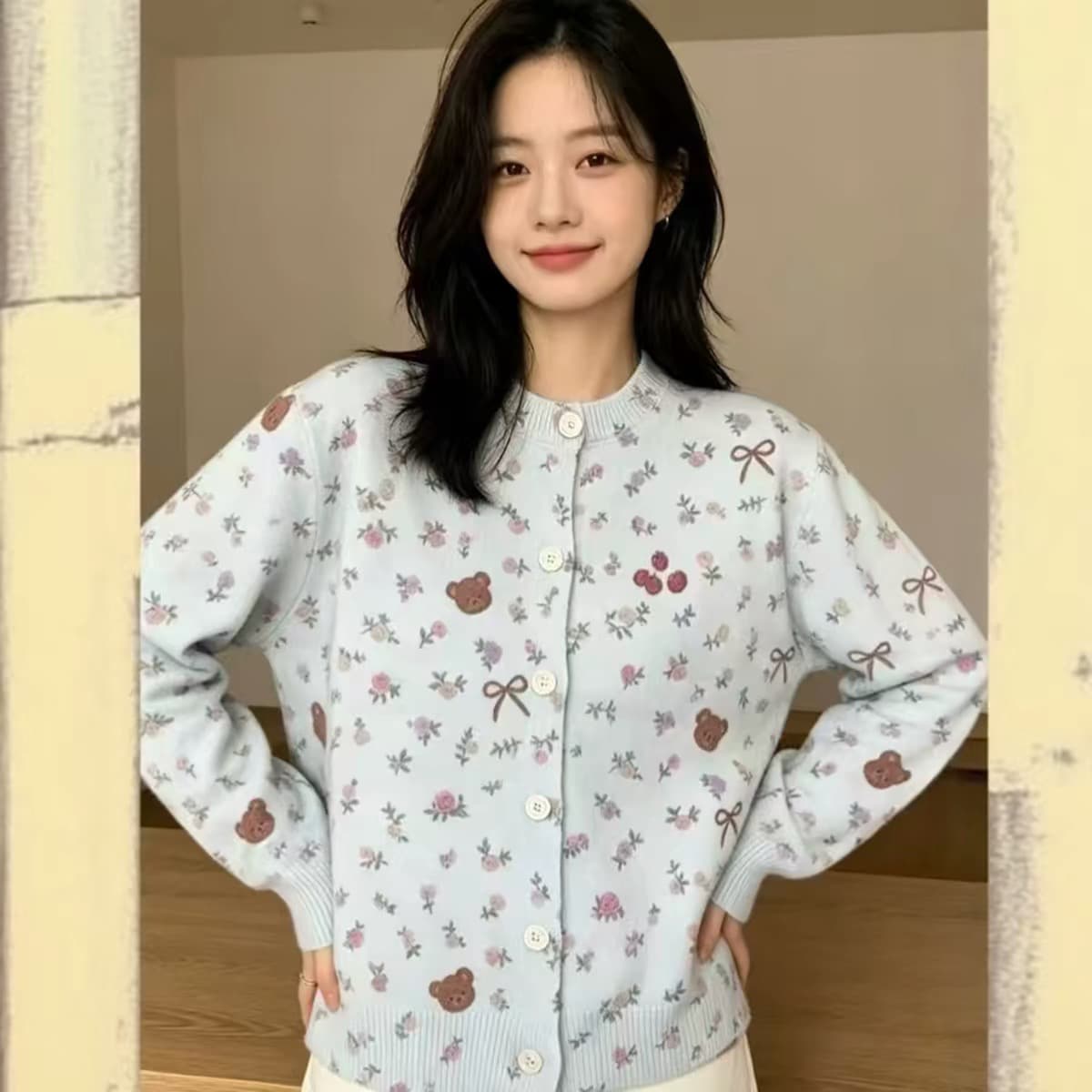 가을 한 부서 달콤함 작은 곰 자수 니트 오픈 가디건 여성 부드러운 느긋한 바람 단추 스웨터 코트 상세 이미지 15