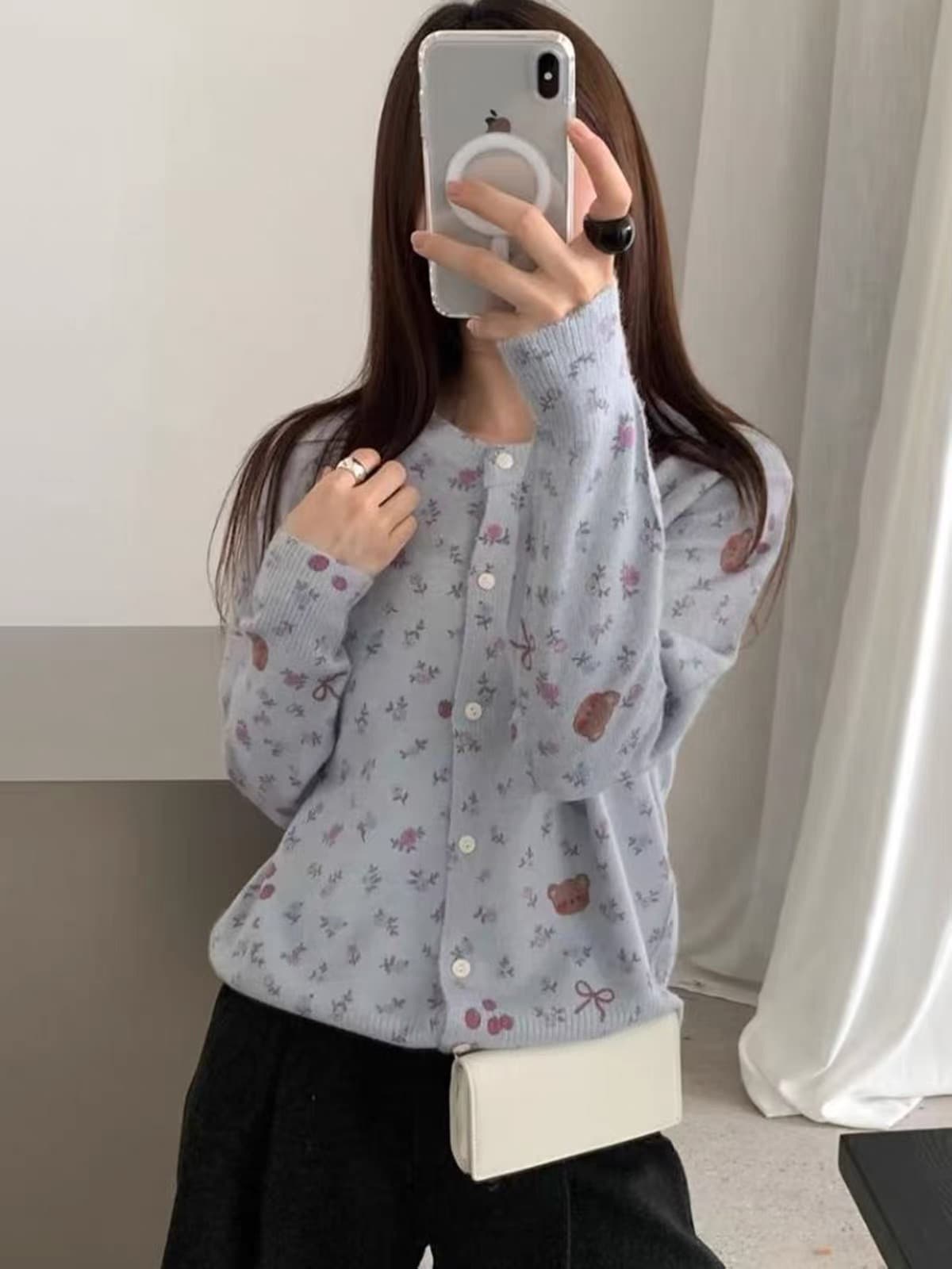가을 한 부서 달콤함 작은 곰 자수 니트 오픈 가디건 여성 부드러운 느긋한 바람 단추 스웨터 코트 이미지 3