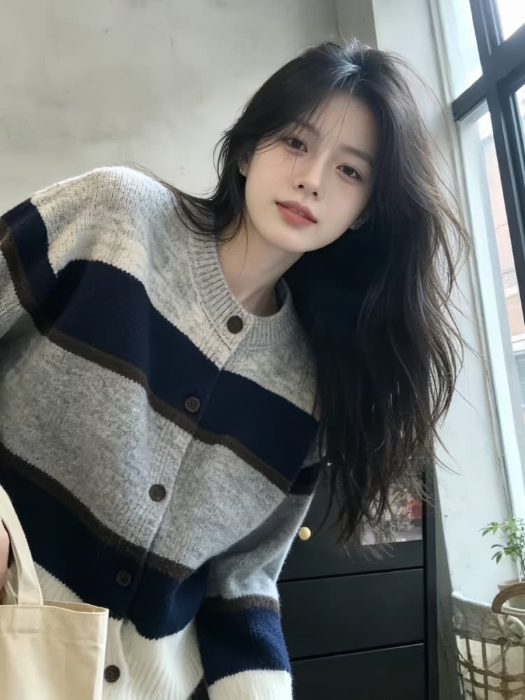 디자인 센스 스트라이프 패치워크 색상 니트 스웨터 오픈 가디건 맨위 여성 가을 겨울 새로운 배색 고급 센스 다용도 스웨터 코트 상세 이미지 8