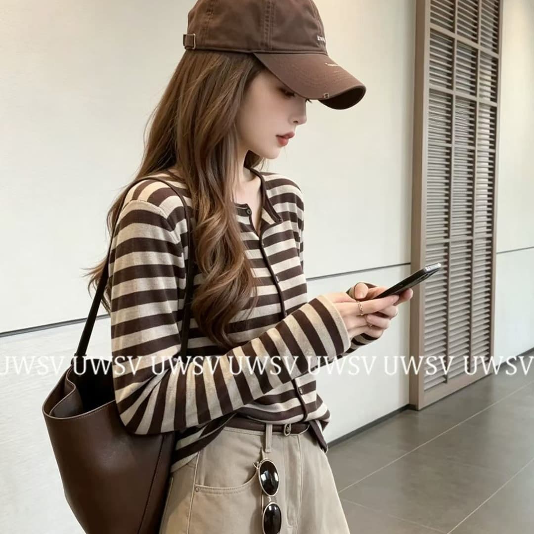 Annan uwsv 새로운 레트로 패션 디스플레이 얇고 작은 표준 스트라이프 오픈 가디건 스웨터 이미지 2