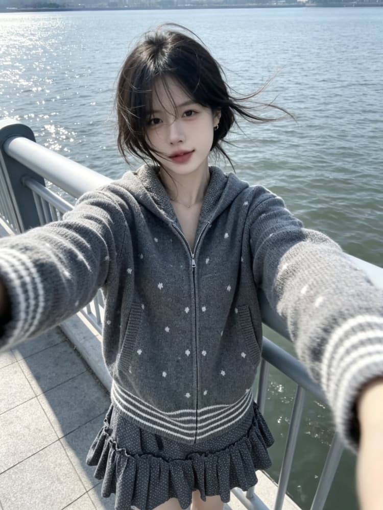 한 부서 레트로 도트 무늬 후드 니트 오픈 가디건 여성 가을 겨울 착용 가져 가라. 느긋한 디자인 센스 배색 스트라이프 스웨터 코트 이미지 3