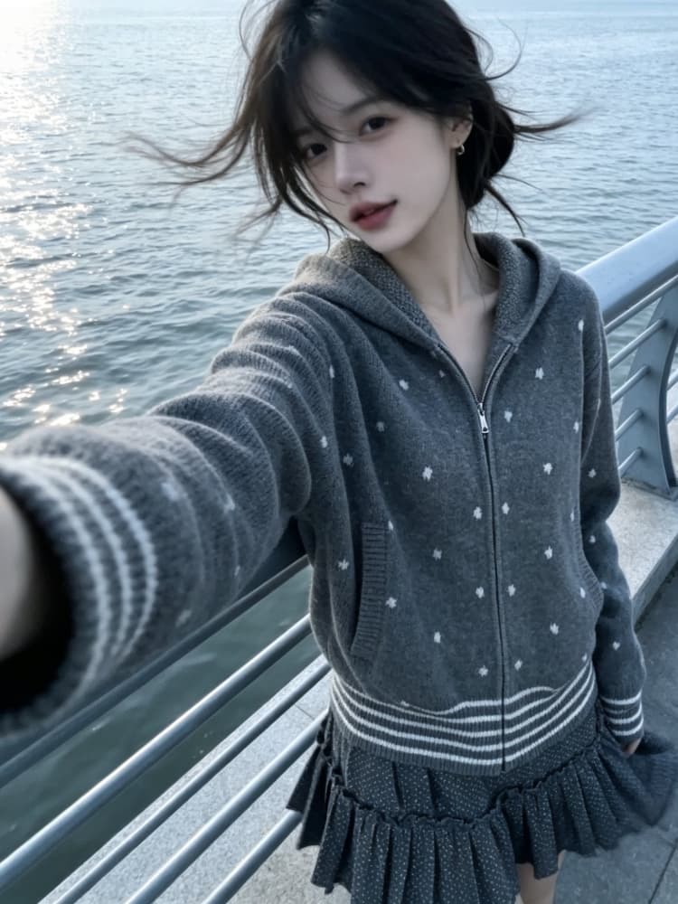 한 부서 레트로 도트 무늬 후드 니트 오픈 가디건 여성 가을 겨울 착용 가져 가라. 느긋한 디자인 센스 배색 스트라이프 스웨터 코트 상세 이미지 5