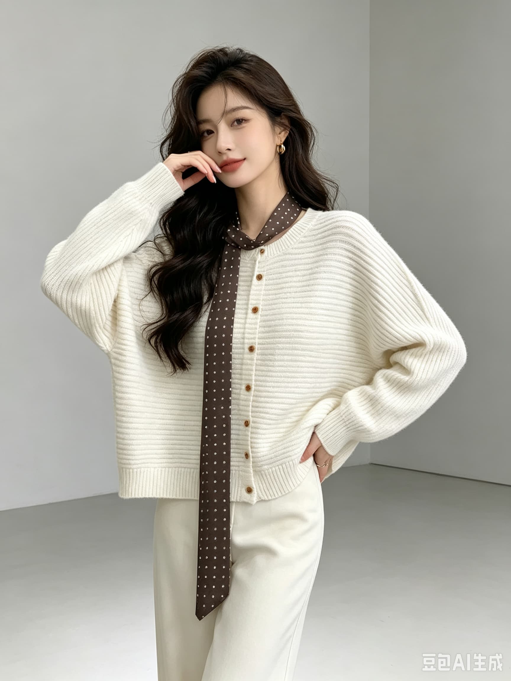 한 부서 레트로 도트 무늬 리본 비스듬한 칼라 배트윙 소매 니트 스웨터 오픈 가디건 가을 여성 의류 아주 게으른 루즈핏 스웨터 맨위 이미지 3