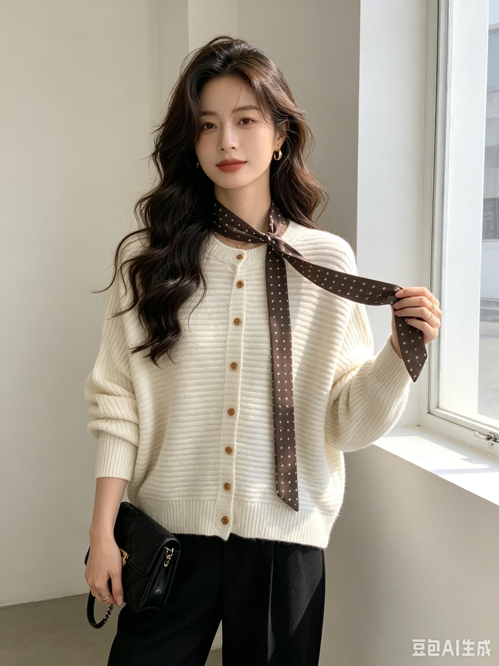 한 부서 레트로 도트 무늬 리본 비스듬한 칼라 배트윙 소매 니트 스웨터 오픈 가디건 가을 여성 의류 아주 게으른 루즈핏 스웨터 맨위 상세 이미지 2