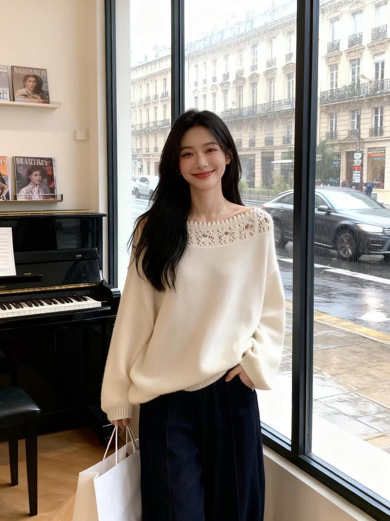 여름 시 홀로우 아웃 레이스 보트넥 니트 스웨터 여성 가을 긴팔 루즈핏 느긋한 맨위 이미지 3