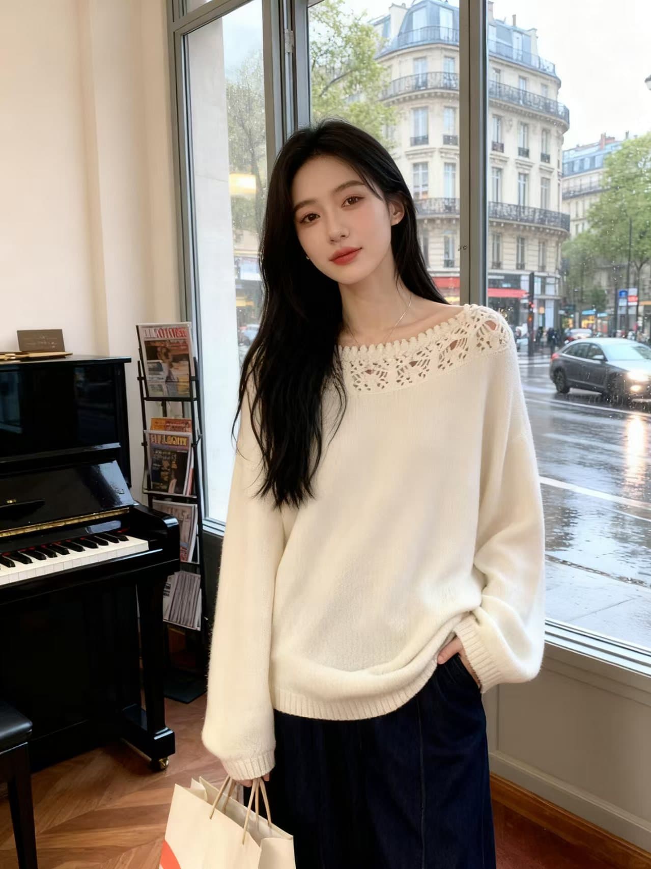 여름 시 홀로우 아웃 레이스 보트넥 니트 스웨터 여성 가을 긴팔 루즈핏 느긋한 맨위