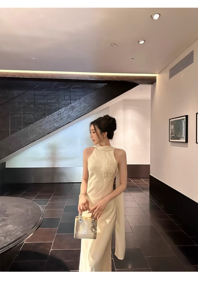 튤립 비즈 박기 아세트산 양면 공단 리본 드레스 품격 백리스 섹시함 고급 센스 예복 치마 상세 이미지 19