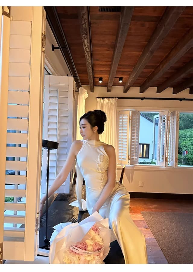 튤립 비즈 박기 아세트산 양면 공단 리본 드레스 품격 백리스 섹시함 고급 센스 예복 치마 상세 이미지 21