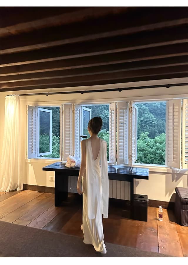 튤립 비즈 박기 아세트산 양면 공단 리본 드레스 품격 백리스 섹시함 고급 센스 예복 치마 상세 이미지 29
