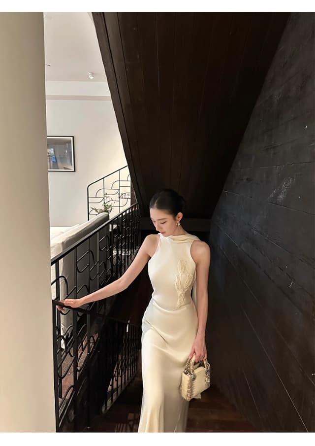 튤립 비즈 박기 아세트산 양면 공단 리본 드레스 품격 백리스 섹시함 고급 센스 예복 치마 상세 이미지 30