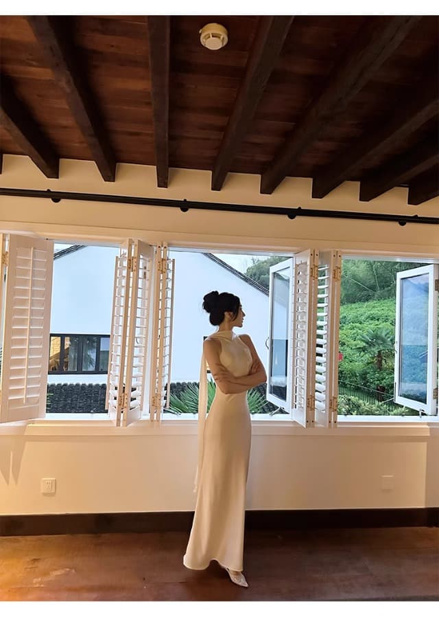 튤립 비즈 박기 아세트산 양면 공단 리본 드레스 품격 백리스 섹시함 고급 센스 예복 치마 상세 이미지 31