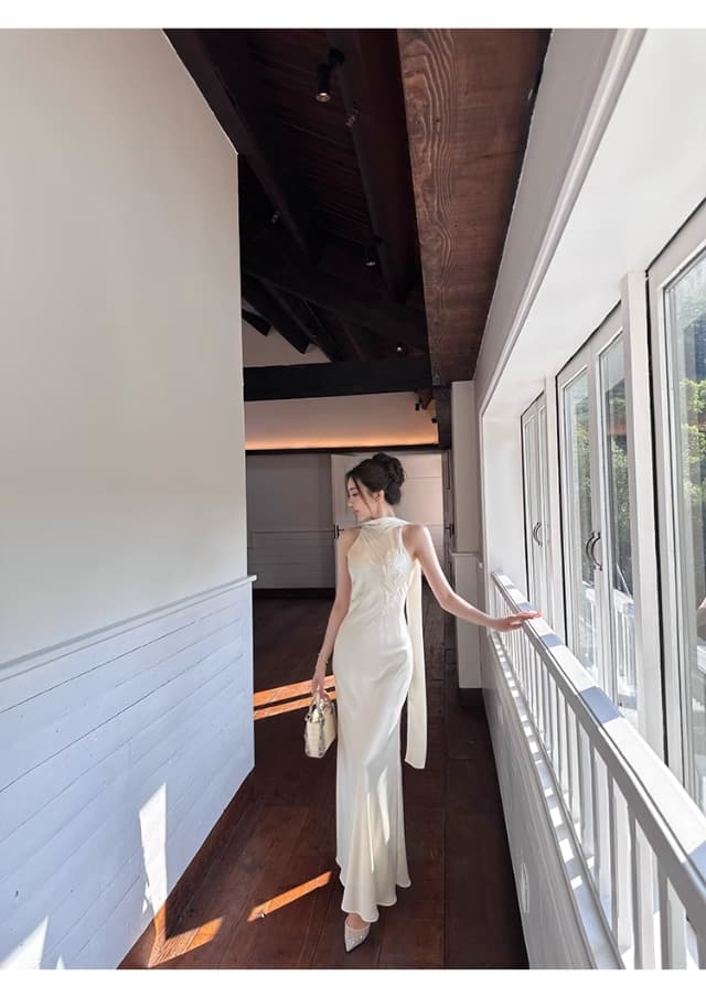튤립 비즈 박기 아세트산 양면 공단 리본 드레스 품격 백리스 섹시함 고급 센스 예복 치마 상세 이미지 34