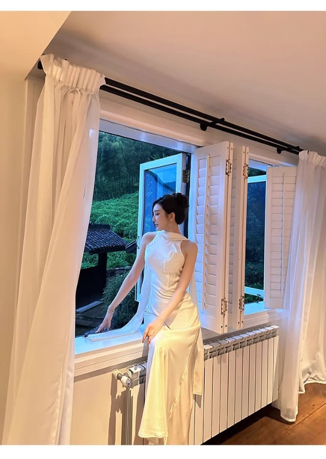 튤립 비즈 박기 아세트산 양면 공단 리본 드레스 품격 백리스 섹시함 고급 센스 예복 치마 상세 이미지 37