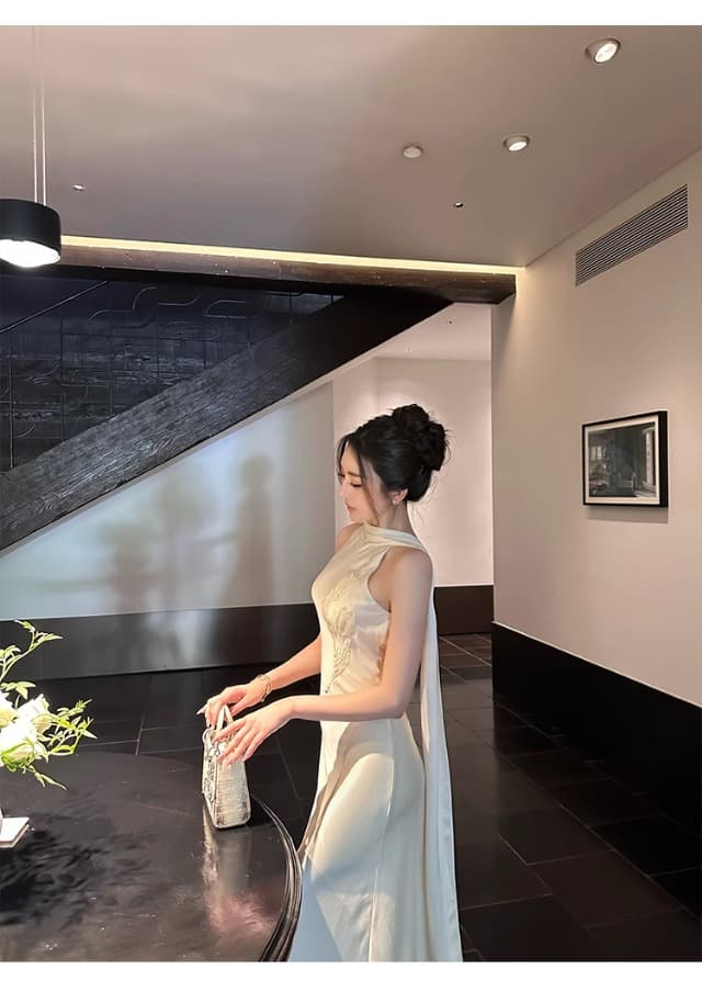 튤립 비즈 박기 아세트산 양면 공단 리본 드레스 품격 백리스 섹시함 고급 센스 예복 치마 상세 이미지 42