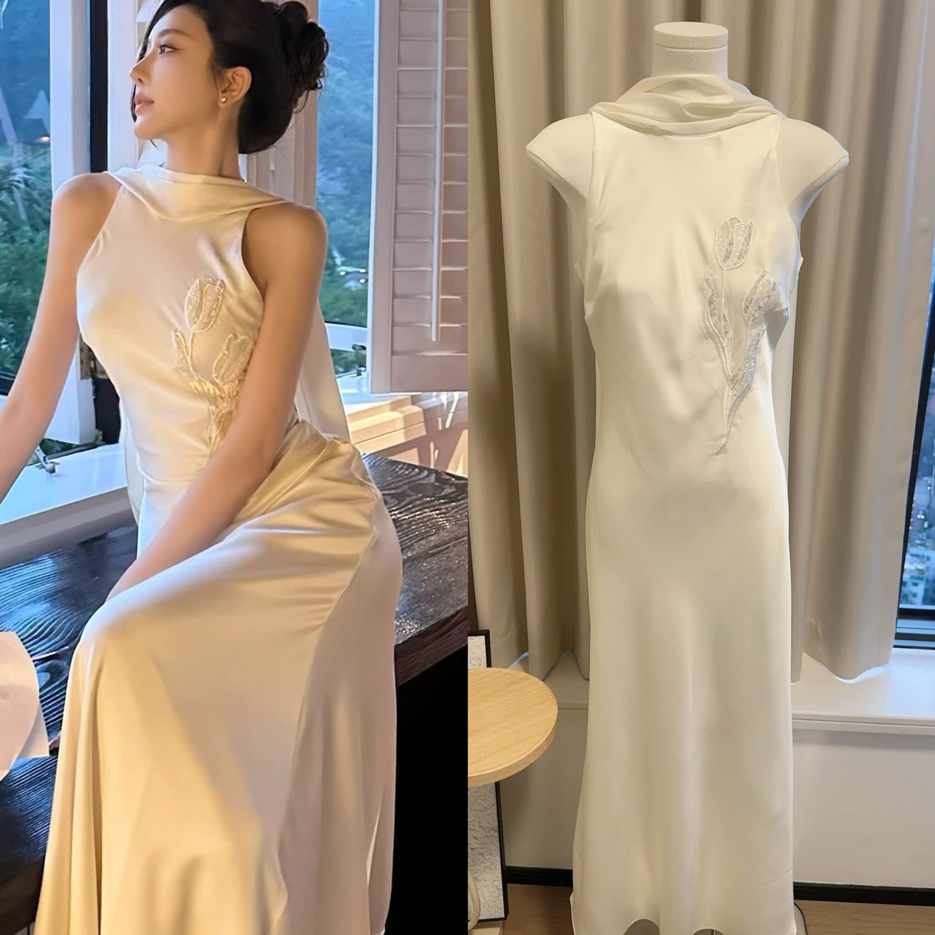 튤립 비즈 박기 아세트산 양면 공단 리본 드레스 품격 백리스 섹시함 고급 센스 예복 치마 이미지 2