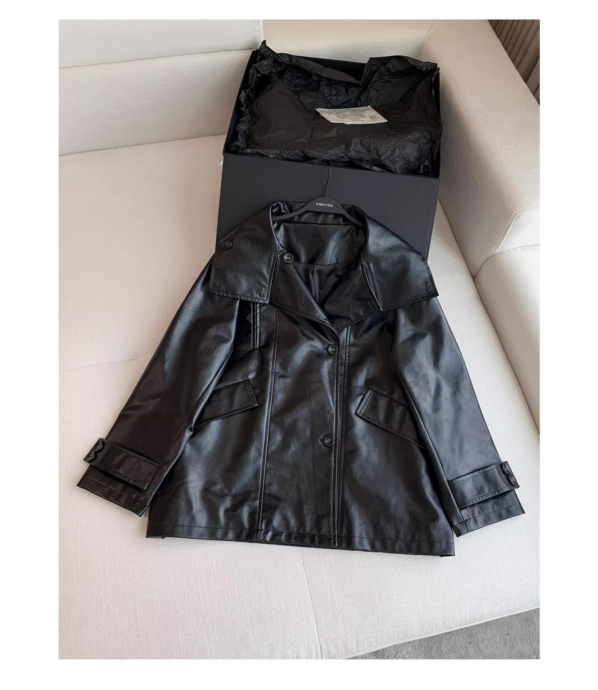 chicyou 검정색 품격 캐주얼 루즈핏 스탠드 칼라 부드럽다 가을 새로운 가죽 재킷 아메리칸 재킷 여성 코트 상세 이미지 5
