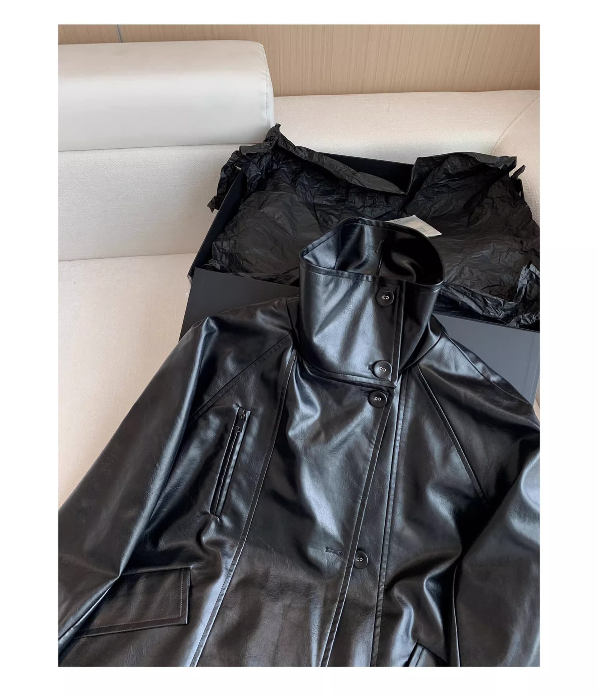 chicyou 검정색 품격 캐주얼 루즈핏 스탠드 칼라 부드럽다 가을 새로운 가죽 재킷 아메리칸 재킷 여성 코트 상세 이미지 11