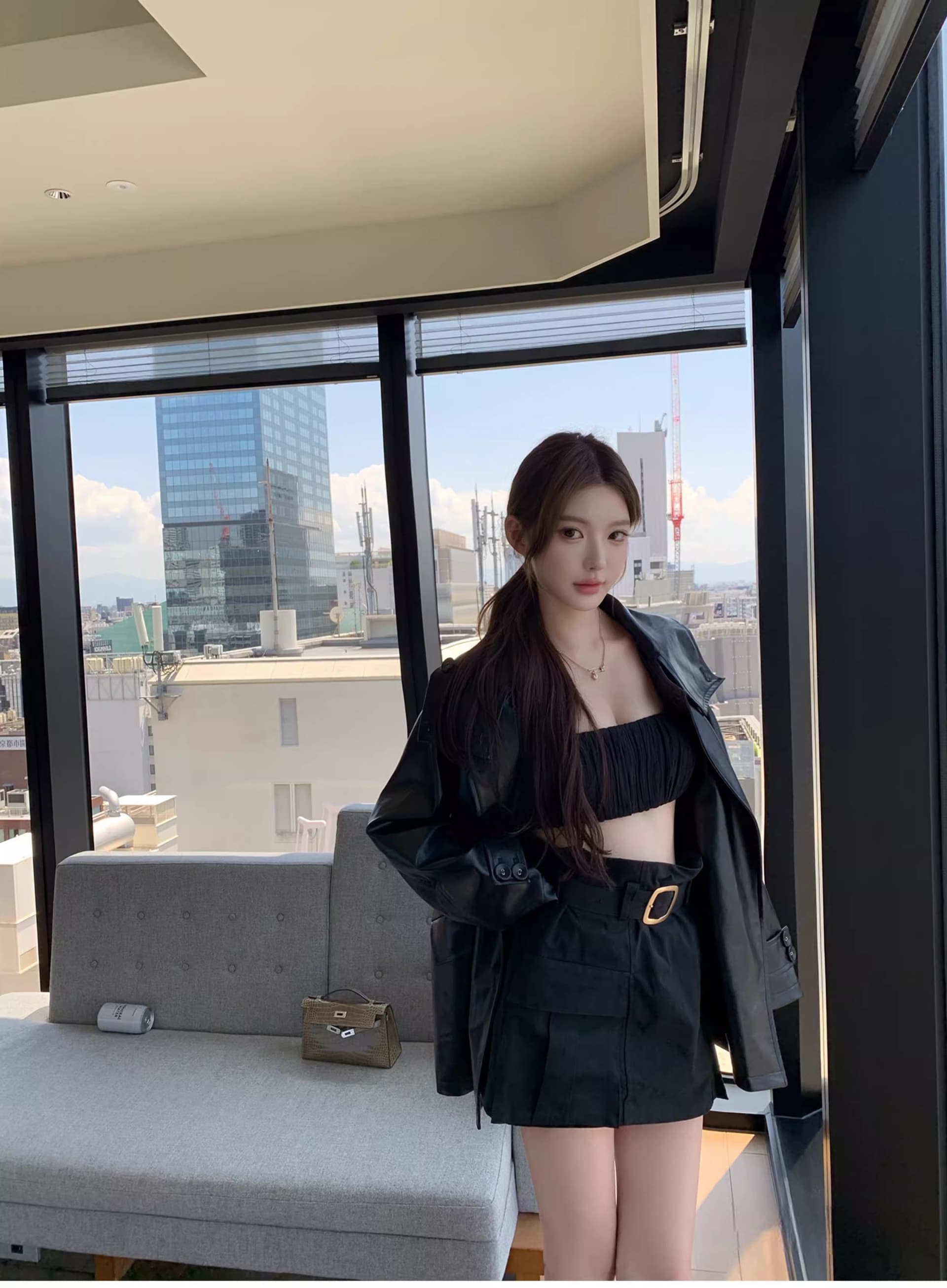 chicyou 검정색 품격 캐주얼 루즈핏 스탠드 칼라 부드럽다 가을 새로운 가죽 재킷 아메리칸 재킷 여성 코트 상세 이미지 14