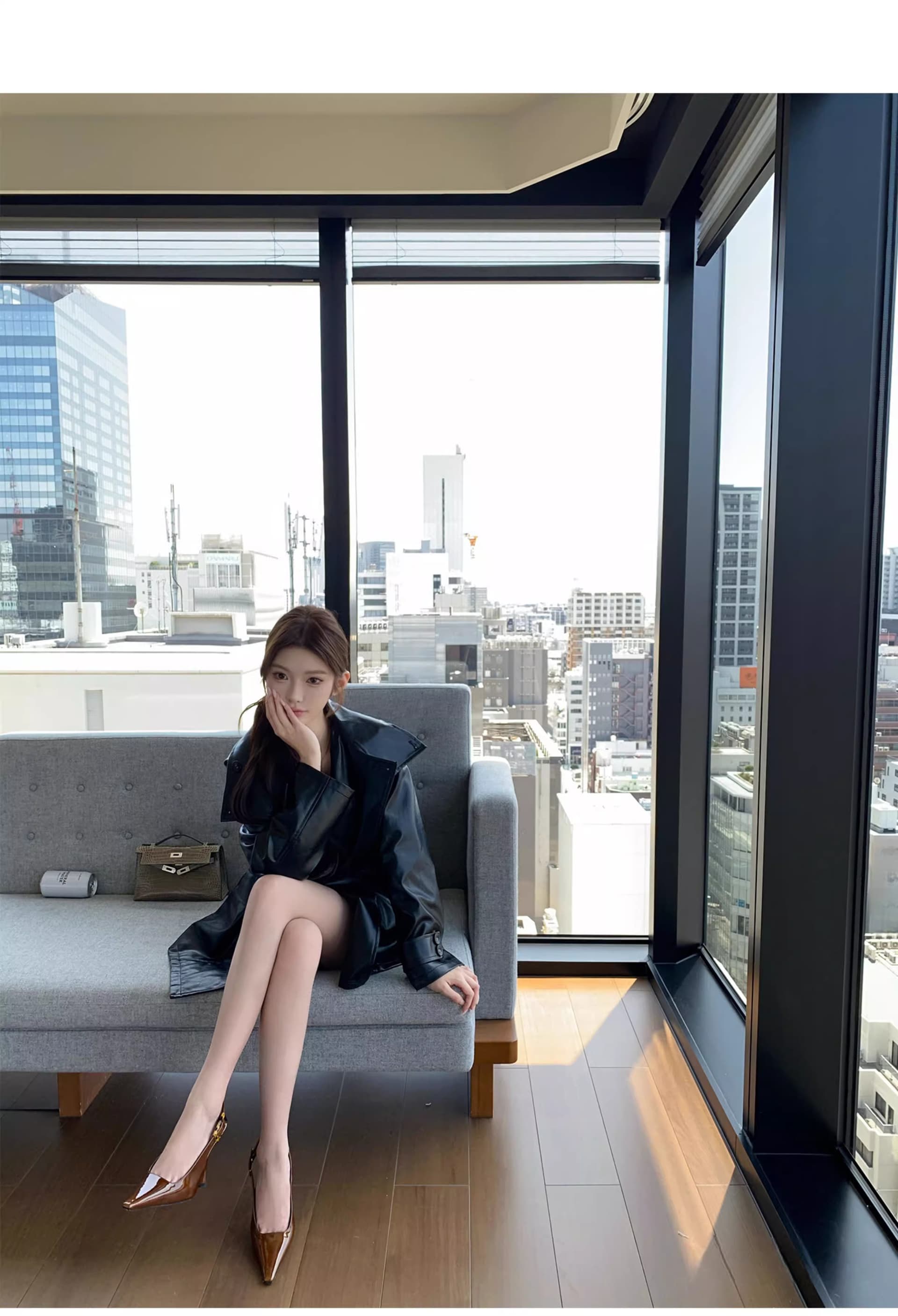 chicyou 검정색 품격 캐주얼 루즈핏 스탠드 칼라 부드럽다 가을 새로운 가죽 재킷 아메리칸 재킷 여성 코트 상세 이미지 15